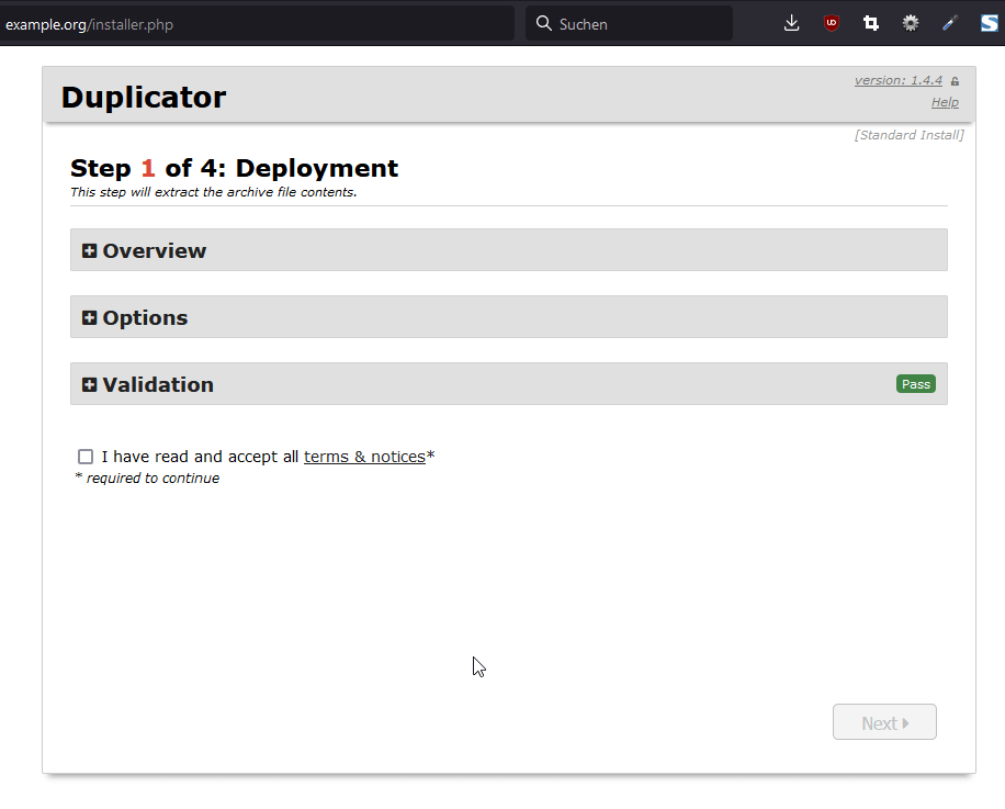 Duplicator installer.php auf neuem Server öffnen