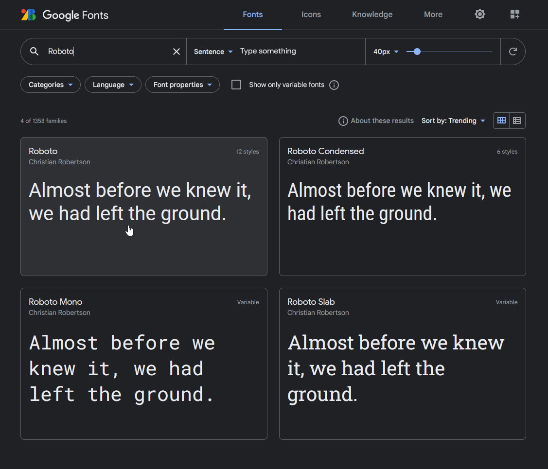 Schriftart Roboto auf Google Fonts suchen