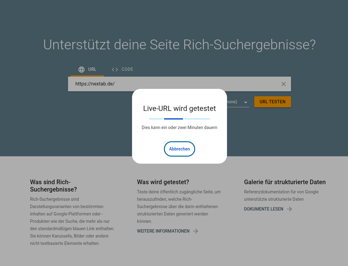 Google Rich Snippet Media Tester für Seite nexTab.de