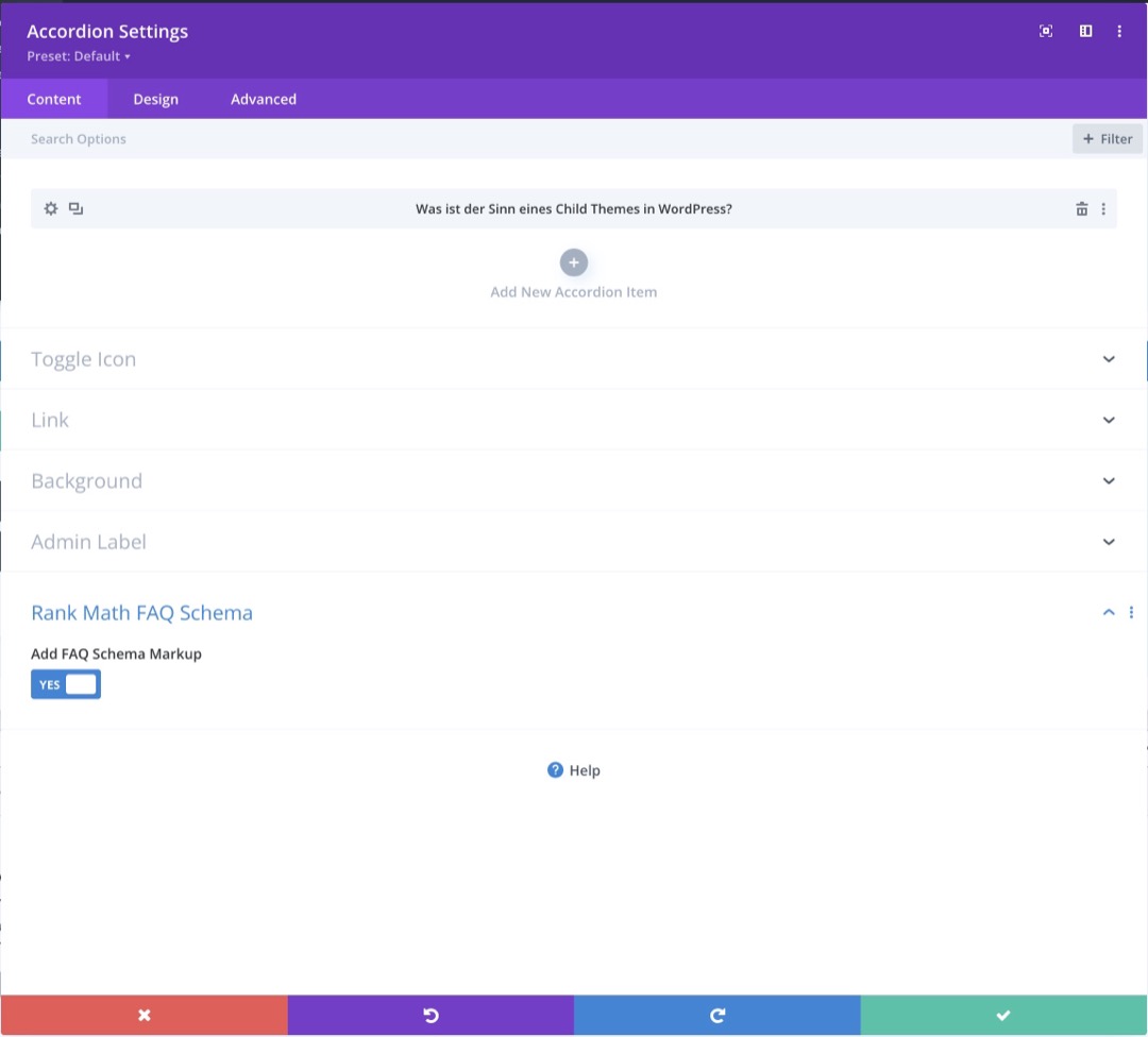 Sobald RankMath in der Pro Version installiert ist, erweitert es die standardmäßigen Akkordeon-Blöcke in Divi und Elementor um die Option, Schema-Markup hinzuzufügen
