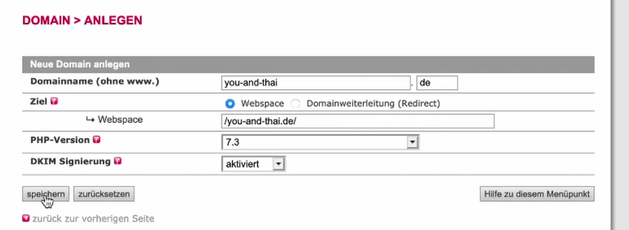 Screenshot aus All-Inkl KAS Domaineinrichtung