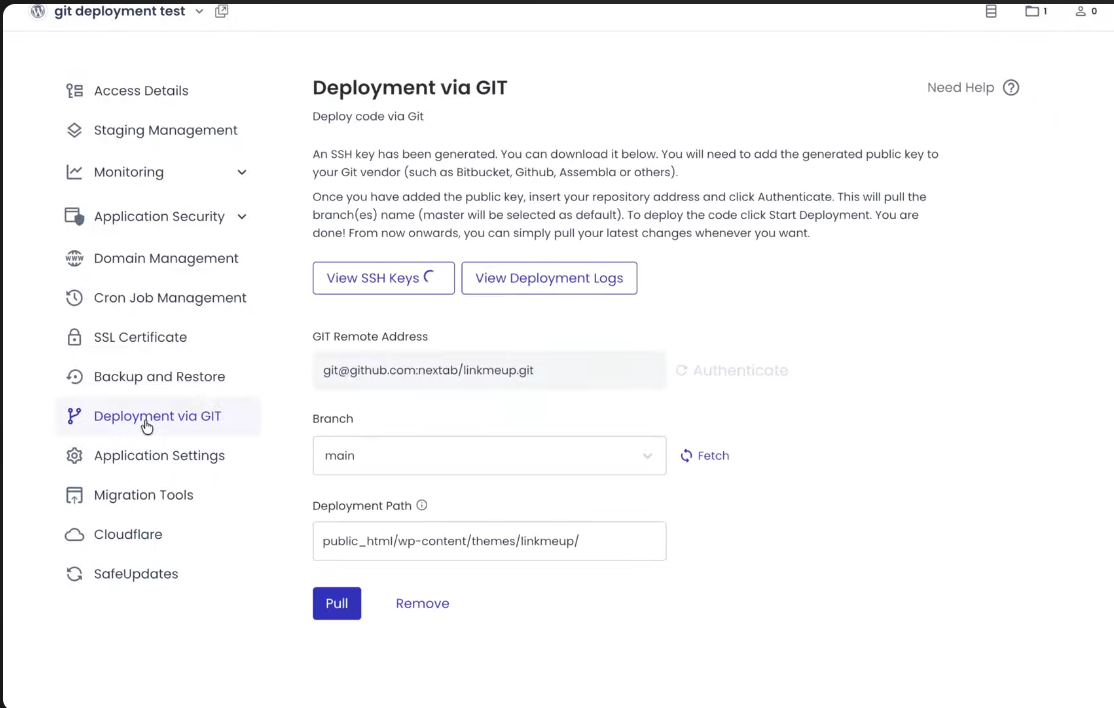 CloudWays Git Deployment Bildschirm