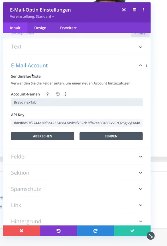 Divi-Email Optin Einstellungen für SendInBlue/Brevo