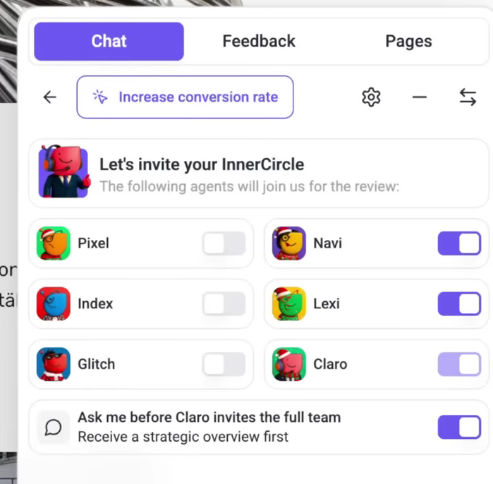 Screenshot aus der Browser Extension Atarim mit allen KI-Agents sichtbar