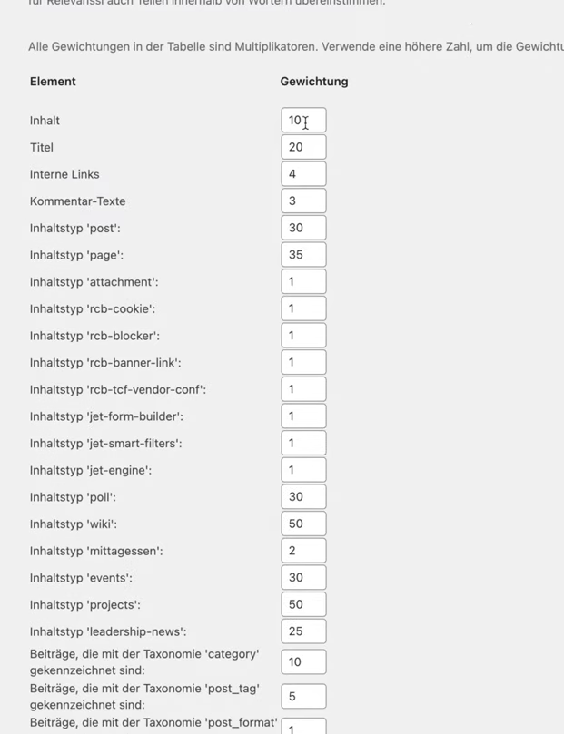 Relevanssi gewichtungs screen