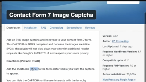 Captcha Shortcode in der Plugin Beschreibung