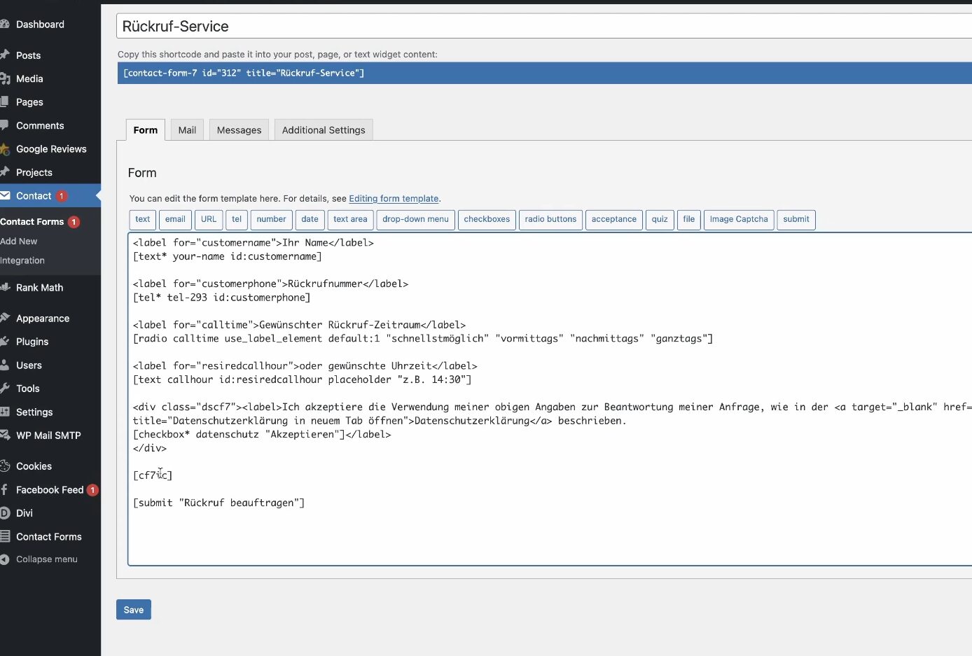 Shortcode an richtiger stelle des Formulars eingefügt über dem Senden-Knopf